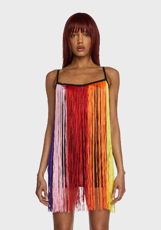 Technicolor Trip Fringe Mini Dress Comfortable Ruffle Mini Dress