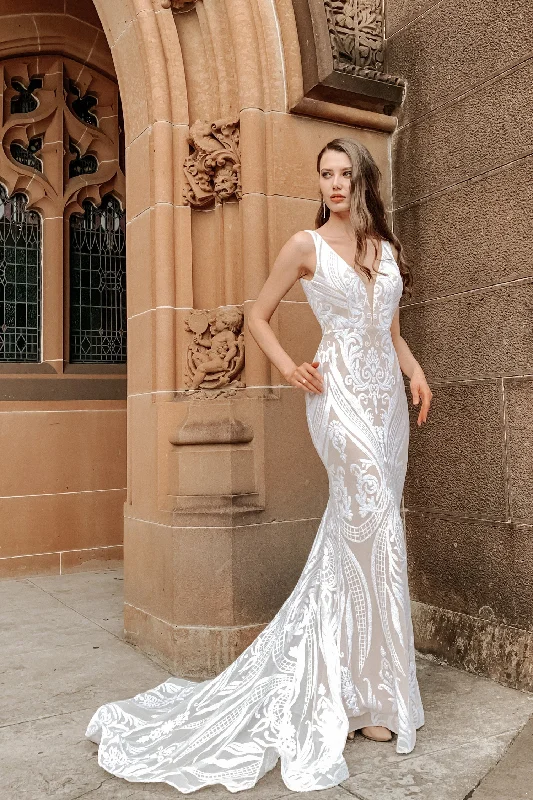 Tina Holly Couture BA109 White & Nude Sequin & Lace Mermaid Bridal Formal Dress