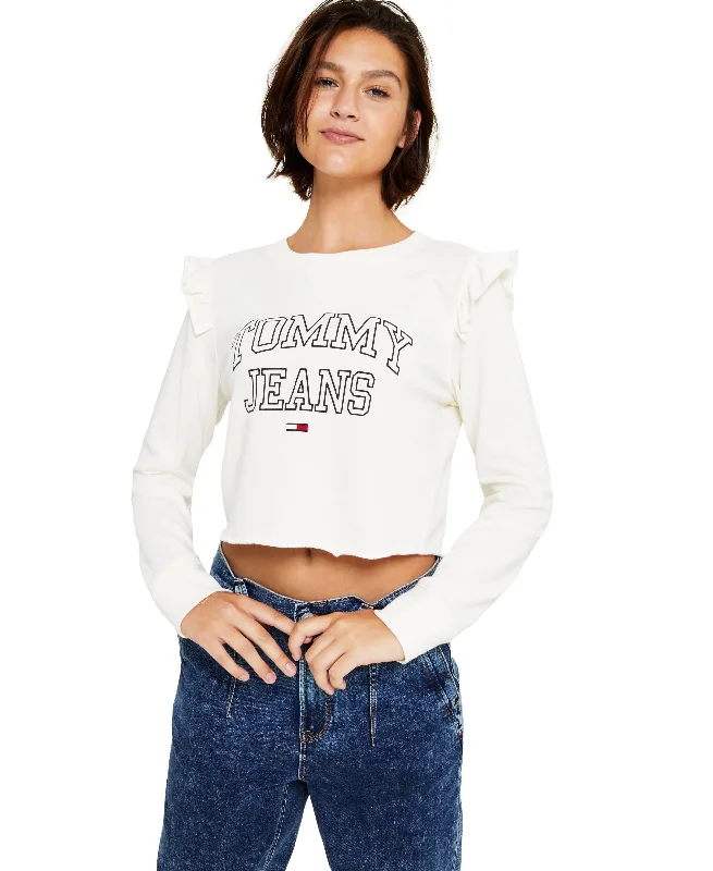 Tommy Jeans Womens Cropped Ruffle Trim Sweatshirt Hoodie with Turtle Neck Cozy Winter