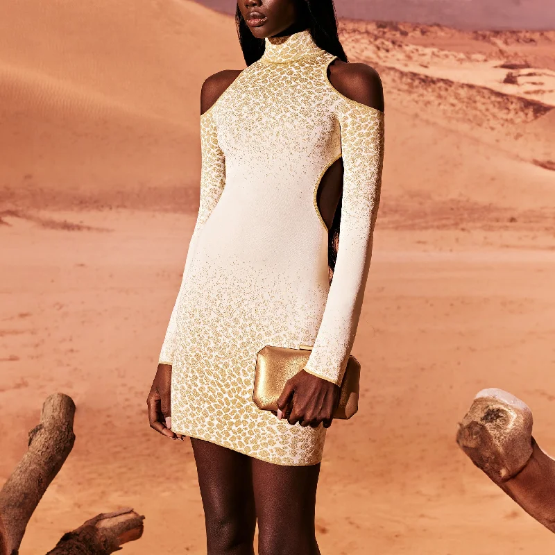 White Fitted Knit Dress With Gold Gradient