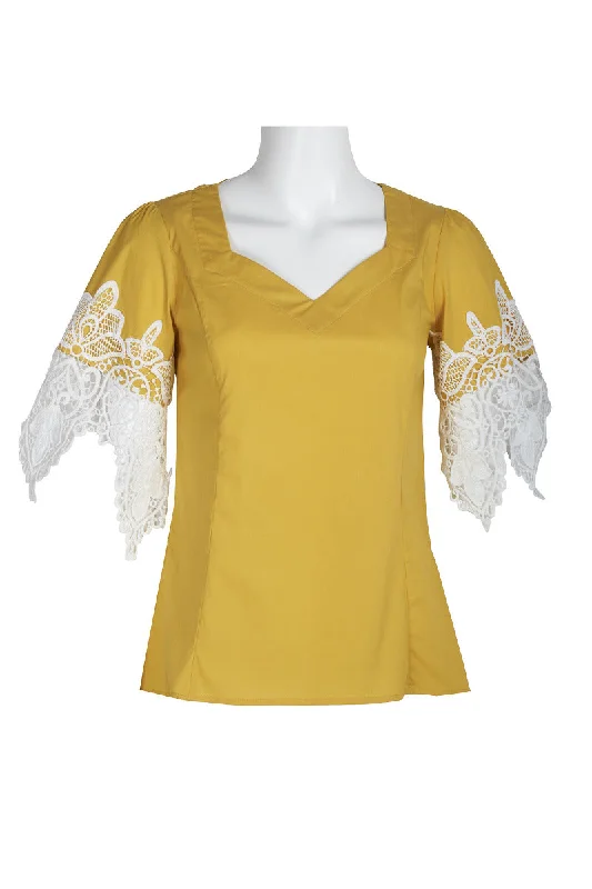 Final Sale: Why Dress V-Neck Short Lace Sleeve Zipper Back Cotton Top