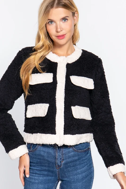 Long Sleeve Pocket Detail Faux Fur Jacket Boat Neck Shawl Collar Notched Collar