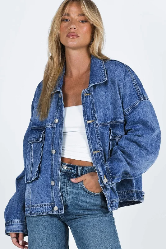 Long Sleeve Button-down Oversized Denim Blue Jean Jacket A-Line Jacket Boat Neck Shawl Collar Long Sleeve Button-down Oversized Denim Blue Jean Jacket A-Line Jacket Boat Neck Shawl Collar