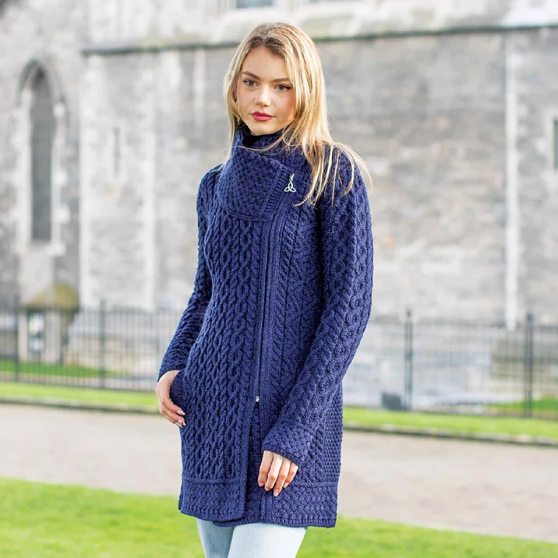 Athenry Asymmetric Side Zip Aran Knit Coat Jacket with Shawl Collar, Midnight Blue Rayon Jacket Velvet Jacket Corduroy Jacket Athenry Asymmetric Side Zip Aran Knit Coat Jacket with Shawl Collar, Midnight Blue Rayon Jacket Velvet Jacket Corduroy Jacket