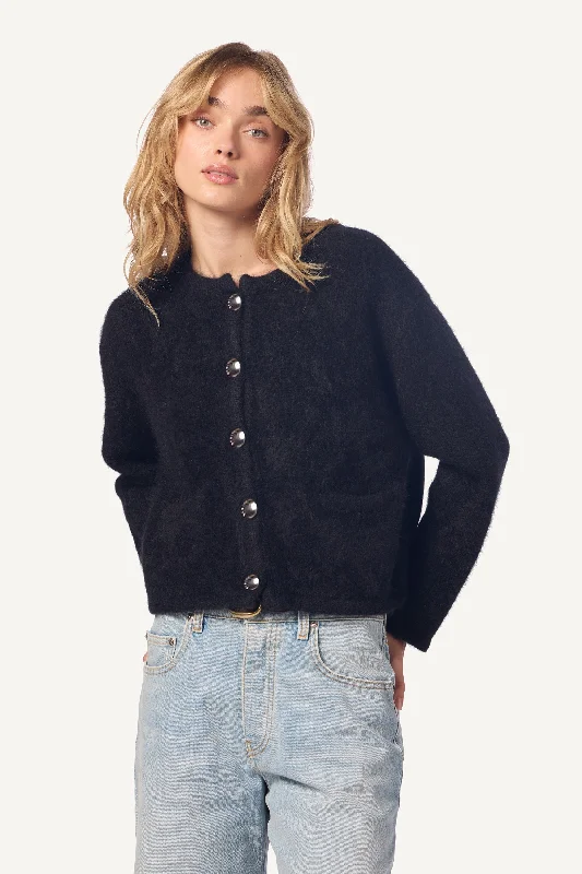 CHARLENE CROPPED WELT POCKET BRUSHED CASHMERE JACKET | BLACK One-Shoulder Jacket Off-the-Shoulder Jacket Asymmetrical Jacket