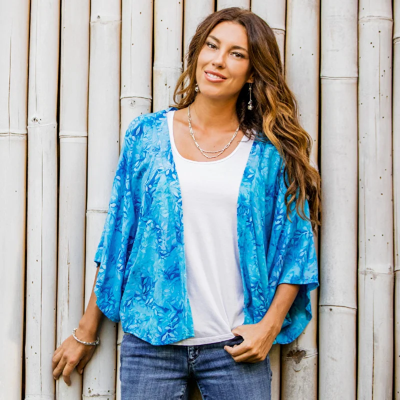 Lavish Garden in Cyan Open Kimono Jacket in Light Blue Batik Front Pockets Side Pockets Patch Pockets Lavish Garden in Cyan Open Kimono Jacket in Light Blue Batik Front Pockets Side Pockets Patch Pockets