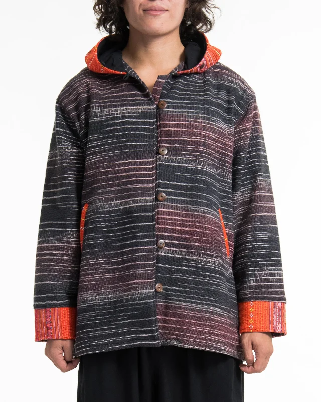 Light Hooded Button Hand-Woven Cotton Embroidered Jacket in Gray Hoodie Zip-Up Jacket Button-Up Jacket