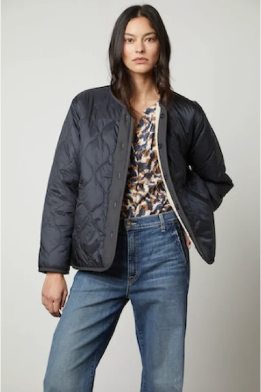 Velvet by Graham & Spencer Marissa 05 Quilted Sherpa Jacket | Navy A-Line Jacket Boat Neck Shawl Collar Velvet by Graham & Spencer Marissa 05 Quilted Sherpa Jacket | Navy A-Line Jacket Boat Neck Shawl Collar