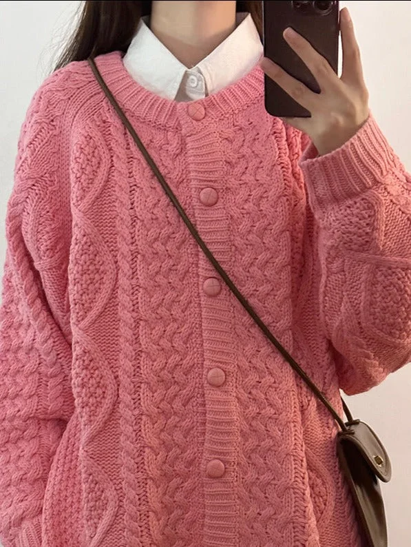 Vintage diamond twist round neck sweater autumn and winter loose cardigan BF lazy style jacket Snapped Jacket Toggled Jacket Drawstring Jacket