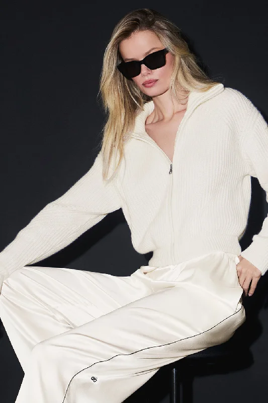 Courchevel Cashmere Full Zip Jacket - Ivory Front Pockets Side Pockets Patch Pockets