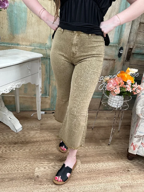 LT CAMEL ACID WASHED HIGH WAIST FRAYED HEM STRAIGHT WIDE PANTS Relaxed Fit Trousers