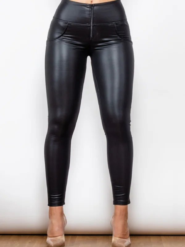 Matte PU Leather Long Pants Chic Checkered Pants