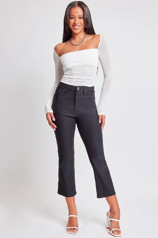 Women's Hyperstretch Cropped Kick Flare Leg Pants, Black Comfortable Denim Trousers