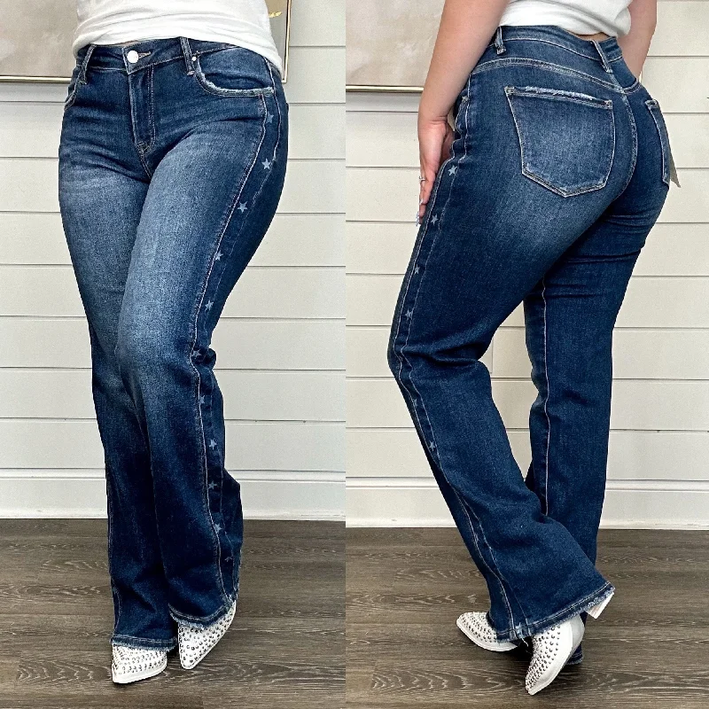 Risen Demi Mid Rise Straight Leg Dark Wash Star Print Jeans Trendy Wide-Leg High-Waist Denim