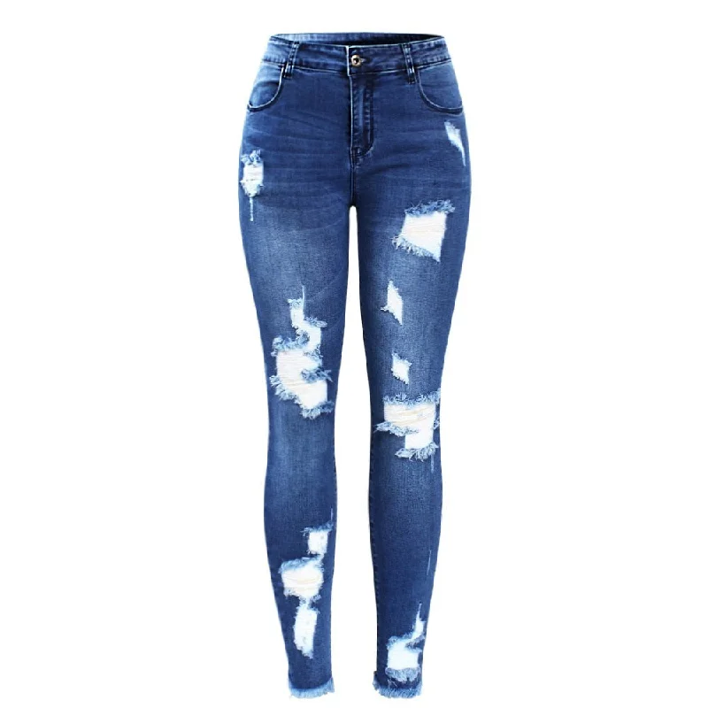 Stretchy Blue Tassel Ripped Jeans Casual Loose Fit Jeans