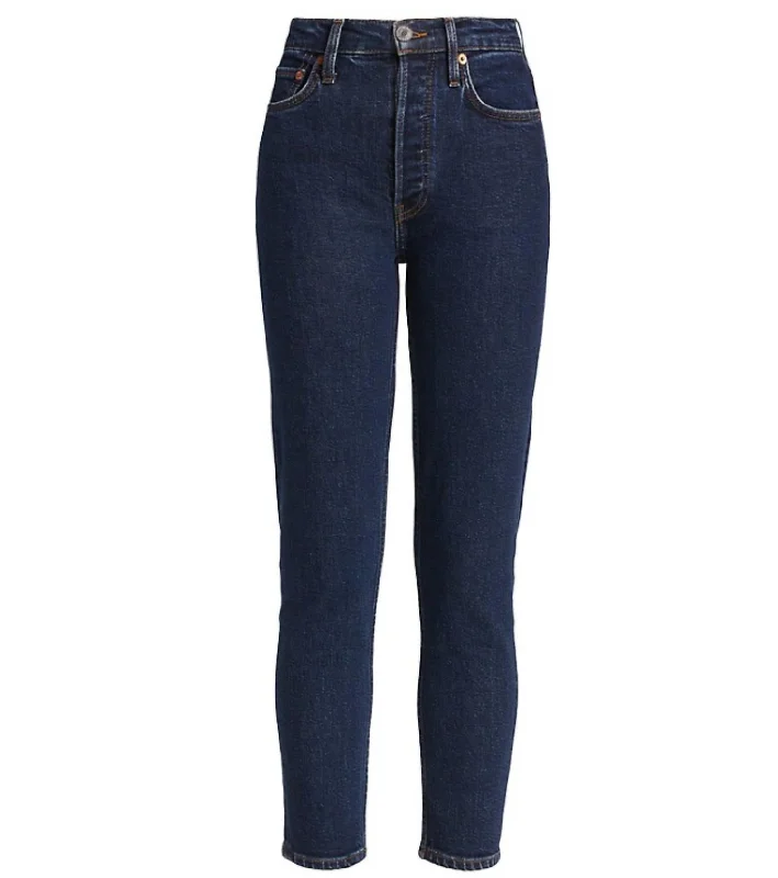 70S Stove Pipe Dark Rinse 5 Pocket Style Cropped Denim Jeans In Dark Blue Comfortable Dark Wash Jeans 70S Stove Pipe Dark Rinse 5 Pocket Style Cropped Denim Jeans In Dark Blue Comfortable Dark Wash Jeans