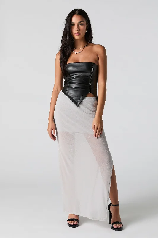 Sparkle Mesh Slit Maxi Skirt satin skirt smooth