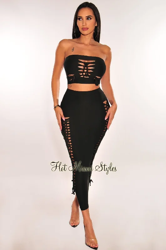 Black Strapless Cut Out Lace Up Midi Skirt Two Piece Set corduroy skirt cozy