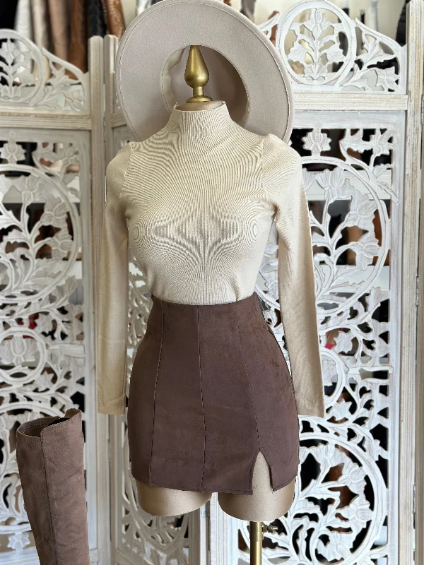 Brown Slit Suede Mini Skirt mini skirt trendy