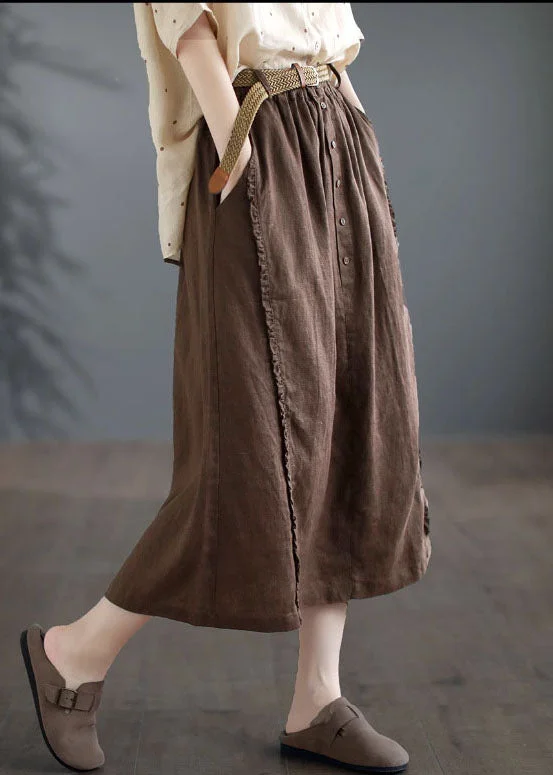 Casual Coffee Ruffled Pockets Patchwork Linen Skirts Summer belted skirt waist