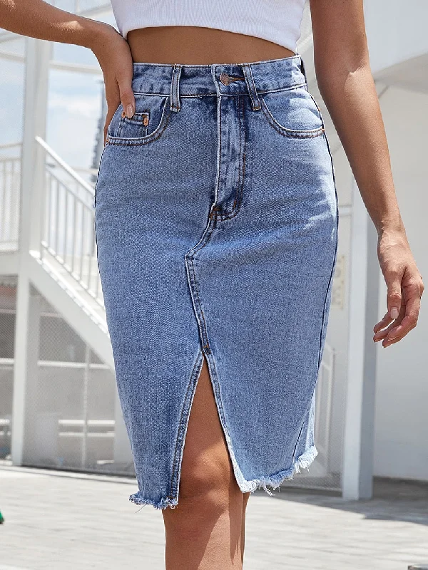BerriesJam - Casual Zipper Fly Raw Hem Split Denim Skirt denim skirt trendy