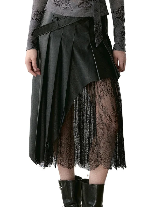 Coffee & Black Lace-paneled PU Leather Skirt wool skirt thick