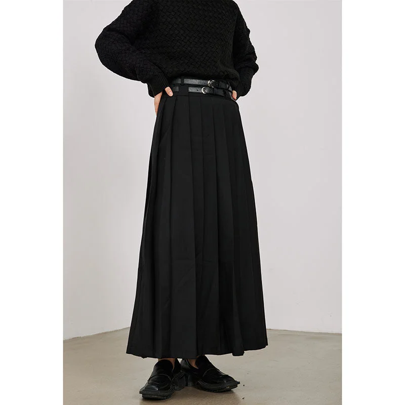 Double Belt Pleated A-line Skirt leather skirt bold