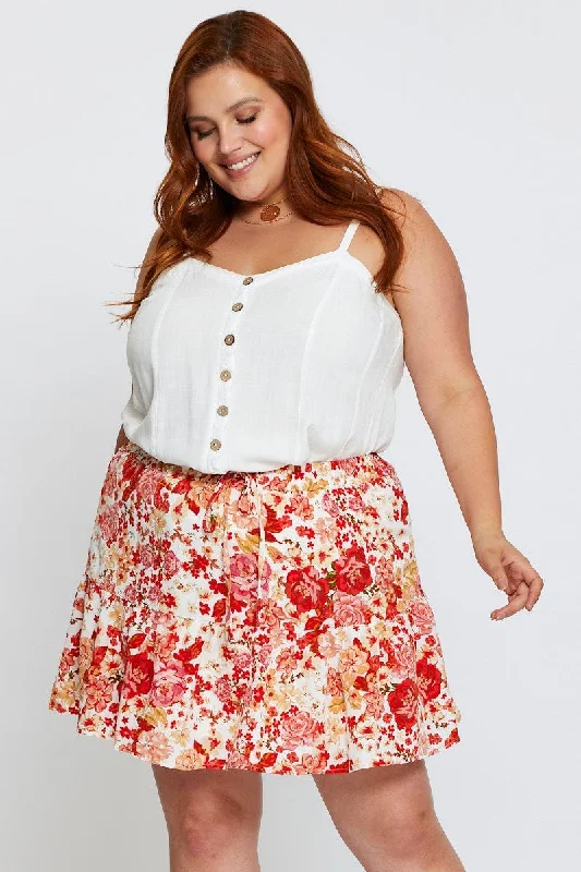 Floral Print Mini Skater Skirt Elastic Waist a-line skirt cut