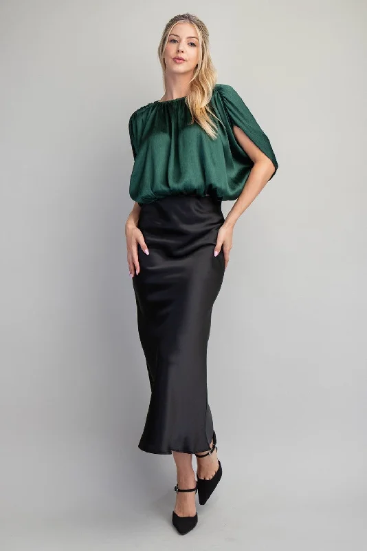Glow Satin Skirt - Black ruffled skirt detail