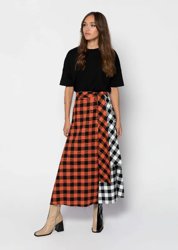KARA Checked Colour-block Wrap Skirt - Orange high slit skirt