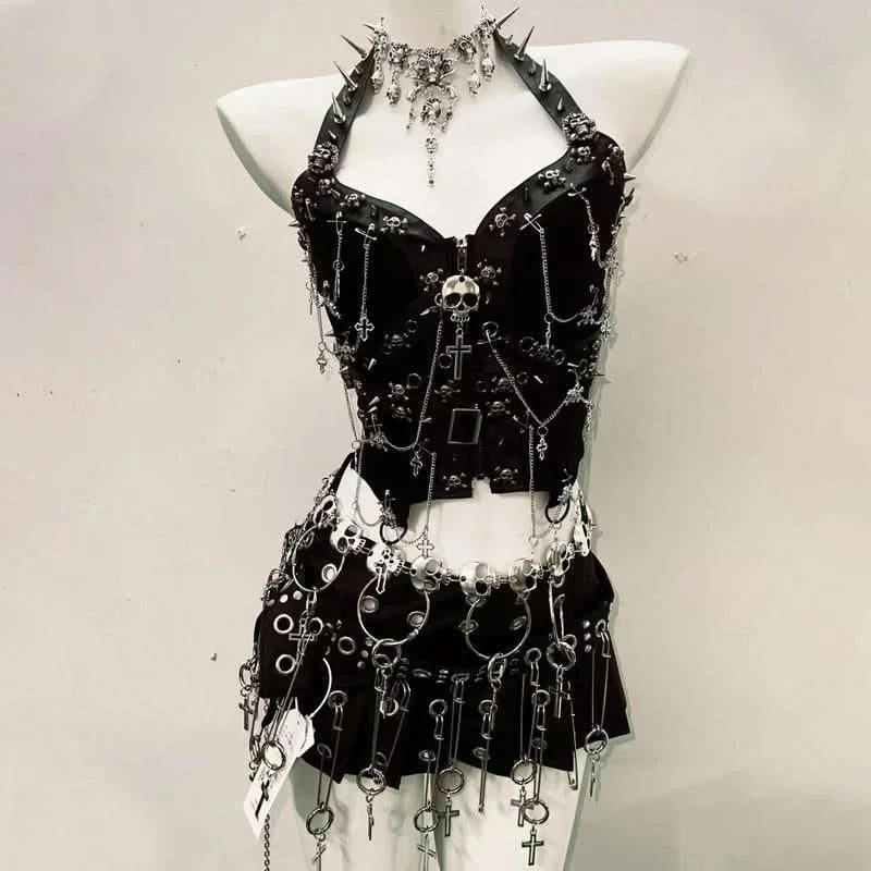 Metal chain o ring skull applique zip-up mini skirt set a-line skirt cut