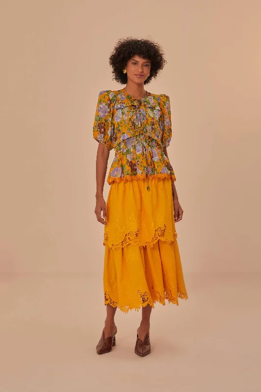 Yellow Mustard Tiered Lace Midi Skirt lace skirt delicate