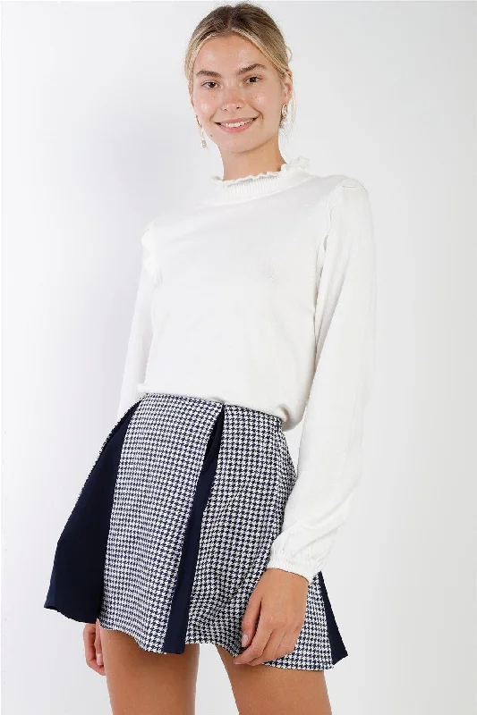 Navy & Cream Houndstooth Print Pleated High Waist Mini Skirt button skirt front
