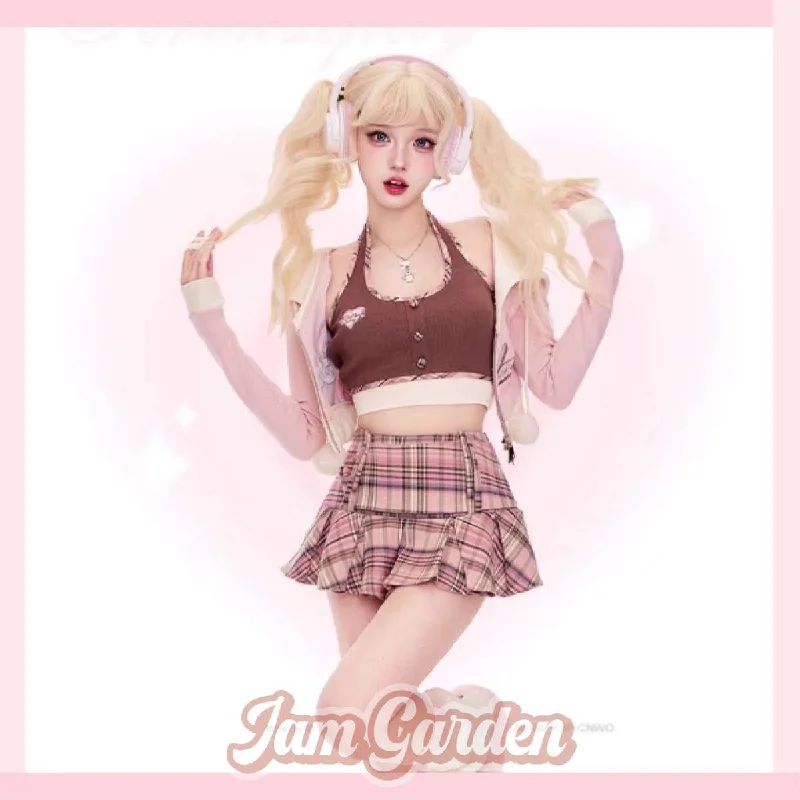 Retro Pink Coat Suspenders + Pink Brown Plaid Skirt chiffon skirt airy