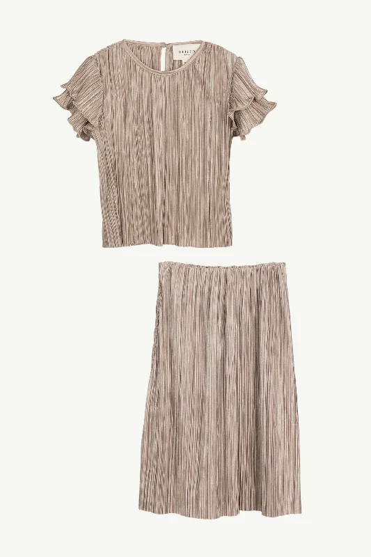 Satin Plisse Top & Skirt Set - Taupe (Girls) velvet skirt luxurious
