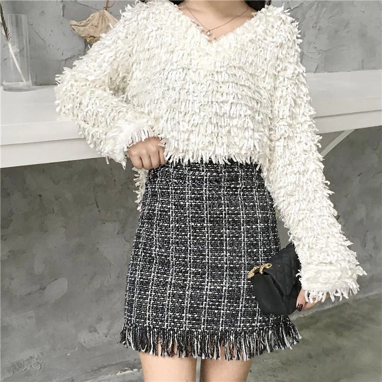 Winter Autumn Woollen Plaid Straight Mini Skirt in Vintage Style for Women belted skirt waist