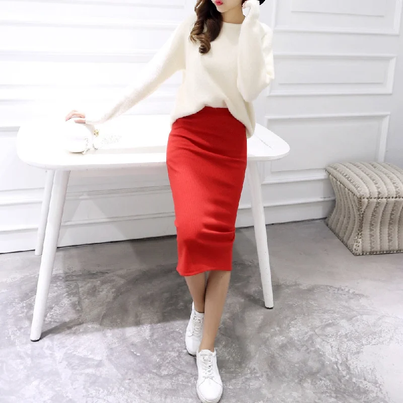 Women Solid Elegant Sexy Split Slim Skirts Hight Waist Kintting Cotton Ladies Summer Skirts Mid-Calf Bodycon Pencil Skirt Saia silk skirt sleek