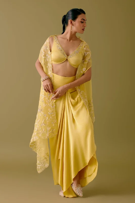 Yellow Sequined Cape and Draped Skirt Set wool skirt sturdy